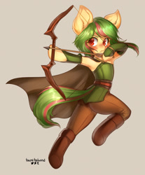 Size: 660x799 | Tagged: safe, artist:tawni-tailwind, derpibooru import, oc, oc only, oc:ardent arrow, earth pony, semi-anthro, armpits, arrow, blushing, boots, bow (weapon), cape, clothes, colored pupils, dexterous hooves, ear fluff, femboy, frown, gray background, male, running, shoes, shooting, simple background, solo, stallion, trap, weapon