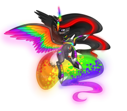 Size: 900x783 | Tagged: safe, artist:couratiel, derpibooru import, oc, oc only, oc:princess neon boom, alicorn, original species, pony, alicorn oc, colored horn, colored wings, converse, ethereal mane, female, mare, multicolored wings, neon pony, rainbow tail, rainbow wings, shoes, simple background, solo, transparent background, watermark