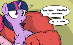 Size: 1000x610 | Tagged: safe, artist:shoutingisfun, derpibooru import, edit, pinkie pie, twilight sparkle, twilight sparkle (alicorn), alicorn, earth pony, pony, comic:the little match filly, anon's couch, book, book sense, bookhorse, comic, cropped, dialogue, duo, esp, female, mare, reaction image, sofa, solo focus, speech bubble, that pony sure does love books, twilight sense