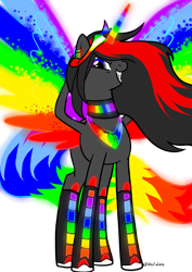 Size: 3508x4961 | Tagged: safe, artist:celestialess, derpibooru import, oc, oc only, oc:princess neon boom, alicorn, original species, pony, alicorn oc, colored horn, colored wings, female, grin, jewelry, mare, multicolored wings, neon pony, rainbow tail, rainbow wings, regalia, simple background, smiling, solo, spread wings, transparent background, wings