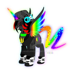 Size: 800x812 | Tagged: safe, artist:hexfloog, derpibooru import, oc, oc only, oc:prince neon bass, alicorn, original species, alicorn oc, neon pony, simple background, solo, transparent background, watermark