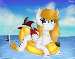 Size: 2480x1960 | Tagged: safe, artist:deraniel, derpibooru import, oc, oc:silver hush, pegasus, pony, banana, food, sky, summer, water