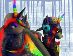 Size: 1100x850 | Tagged: safe, artist:terrac0tta, derpibooru import, oc, oc only, oc:prince neon bass, oc:princess neon boom, alicorn, original species, pony, abstract background, alicorn oc, brother and sister, colored horn, duo, ear piercing, earring, female, jewelry, male, mare, neon pony, piercing, regalia, siblings, stallion