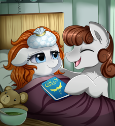 Size: 2177x2400 | Tagged: safe, artist:pridark, derpibooru import, oc, oc only, oc:dreamer, oc:sky chase, bed, caring for the sick, comics, cute, food, hospital, hospital bed, sick, soup, teddy bear