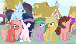 Size: 2495x1433 | Tagged: safe, artist:princessunicorn123, derpibooru import, oc, oc only, oc:apple shy, oc:apple star, oc:feathered wings, oc:fire jewel, oc:starlight shield, oc:strawberry cake, dracony, earth pony, hybrid, pegasus, pony, base used, bow, ear piercing, earring, hair bow, interspecies offspring, jewelry, next generation, offspring, parent:applejack, parent:big macintosh, parent:caramel, parent:cheese sandwich, parent:flash sentry, parent:fluttershy, parent:pinkie pie, parent:rainbow dash, parent:rarity, parent:soarin', parent:spike, parent:twilight sparkle, parents:carajack, parents:cheesepie, parents:flashlight, parents:fluttermac, parents:soarindash, parents:sparity, piercing