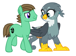 Size: 1320x968 | Tagged: safe, derpibooru import, gabby, oc, oc:ian, earth pony, griffon, pony, duo, simple background, white background