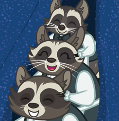 Size: 1057x1080 | Tagged: safe, derpibooru import, screencap, smoky, smoky jr., softpad, raccoon, fake it 'til you make it, bowtie, clothes, cropped, curtain, cute, eyes closed, happy, jacket, shirt, smiling