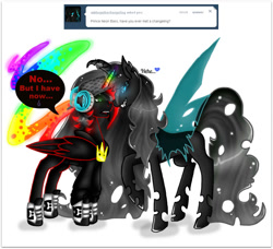 Size: 1126x1025 | Tagged: safe, artist:nekomellow, derpibooru import, oc, oc:furya, oc:prince neon bass, alicorn, changeling, original species, alicorn oc, changeling oc, female, male, neon pony, oc x oc, shipping, straight