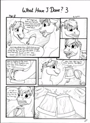 Size: 2550x3506 | Tagged: safe, artist:lupiarts, derpibooru import, oc, oc only, oc:daxter, oc:ron nail, comic:what have i done, alcohol, black and white, cider, comic, drunk, grayscale, monochrome, mug, speech bubble, tankard, traditional art