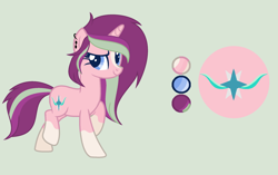 Size: 2398x1507 | Tagged: safe, artist:princessunicorn123, derpibooru import, oc, oc only, oc:starry spell, unicorn, base used, cutie mark, ear piercing, earring, female, green background, jewelry, mare, offspring, parent:starlight glimmer, parent:sunburst, parents:starburst, piercing, reference sheet, simple background, socks (coat marking), solo