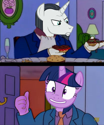 Size: 620x747 | Tagged: safe, derpibooru import, chancellor neighsay, twilight sparkle, school daze, 22 short films about springfield, burger, food, hamburger, steamed hams, steamed hams in the comments, superintendent chalmers, the simpsons