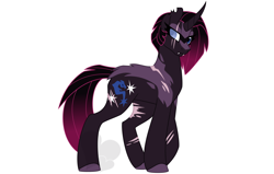 Size: 1260x800 | Tagged: safe, artist:faith-wolff, derpibooru import, oc, oc only, pony, unicorn, blind eye, commission, eye scar, fangs, female, gradient mane, mare, parent:tempest shadow, parents:canon x oc, scar, simple background, solo, white background