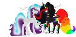 Size: 1280x621 | Tagged: safe, artist:whitephoxx, derpibooru import, oc, oc only, oc:frost heart, oc:princess neon boom, alicorn, original species, pony, alicorn oc, colored horn, colored wings, duo, ethereal mane, female, jewelry, mare, multicolored wings, neon pony, rainbow tail, rainbow wings, raised hoof, regalia, simple background, transparent background