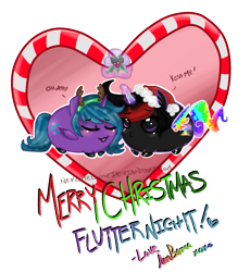 Size: 653x709 | Tagged: safe, artist:nekomellow, derpibooru import, oc, oc only, oc:flutter night, oc:princess neon boom, alicorn, original species, alicorn oc, christmas, chubbie, cute, female, glowing horn, hat, holiday, holly, holly mistaken for mistletoe, lesbian, magic, neon pony, oc x oc, santa hat, shipping, simple background, telekinesis, transparent background