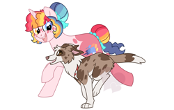 Size: 1260x800 | Tagged: safe, artist:faith-wolff, derpibooru import, oc, oc only, dog, pony, unicorn, commission, hair bun, heterochromia, multicolored hair, pet, piebald colouring, ponysona, running, simple background, white background