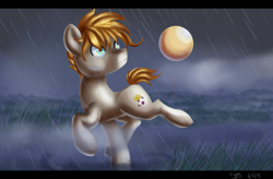 Size: 2512x1645 | Tagged: safe, artist:ilynalta, derpibooru import, oc, oc only, oc:striker, earth pony, pony, ball, commission, detailed background, fog, football, rain, solo, sports