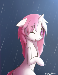 Size: 1280x1646 | Tagged: safe, artist:potzm, derpibooru import, oc, oc only, oc:lawyresearch, pony, unicorn, bipedal, colored pupils, female, floppy ears, looking at you, mare, one eye closed, rain, solo, wavy mouth, wet mane