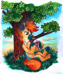 Size: 1070x1260 | Tagged: safe, artist:red-watercolor, derpibooru import, oc, oc only, oc:yaktan, earth pony, pony, drink, grass, headphones, hoof hold, male, sitting, solo, stallion, traditional art, tree, unshorn fetlocks, watercolor painting