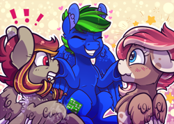 Size: 600x428 | Tagged: safe, artist:breioom, artist:cloureed, derpibooru import, oc, oc only, oc:autumn shimmer, oc:circuit breaker, oc:strawberry breeze, pegasus, pony, blushing, boop, female, group, male, surprised, trio