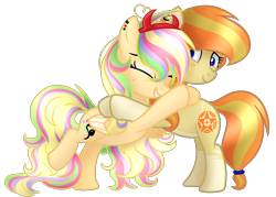 Size: 1680x1200 | Tagged: safe, artist:xxmelody-scribblexx, derpibooru import, oc, oc only, oc:melody scribble, earth pony, pegasus, pony, colored wings, colored wingtips, duo, duo female, ear piercing, eyes closed, female, freckles, happy, headband, hug, long mane, mare, messy mane, piercing, raised leg, simple background, socks (coat marking), tail band, transparent background, two toned wings