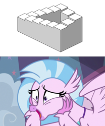 Size: 2901x3489 | Tagged: safe, derpibooru import, screencap, silverstream, classical hippogriff, hippogriff, school daze, image macro, impossible object, m. c. escher, meme, penrose stairs, simple background, that hippogriff sure does love stairs, transparent background