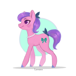 Size: 1200x1200 | Tagged: safe, artist:avrul, derpibooru import, oc, oc only, earth pony, pony, abstract background, bow, cutie mark, female, hair bow, jewelry, mare, necklace, pearl necklace, simple background, smiling, solo, tail bow, walking