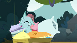 Size: 1280x720 | Tagged: safe, derpibooru import, screencap, ocellus, changedling, changeling, school daze, bed bug, cute, cuteling, diaocelles, eyes closed, happy, open mouth, pillow, smiling, solo