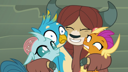 Size: 1280x720 | Tagged: safe, derpibooru import, screencap, gallus, ocellus, smolder, yona, changedling, changeling, dragon, griffon, yak, school daze, cloven hooves, cute, diaocelles, dragoness, female, gallabetes, hug, male, smolderbetes, yonadorable