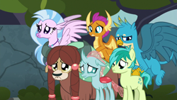 Size: 1280x720 | Tagged: safe, derpibooru import, screencap, gallus, ocellus, sandbar, silverstream, smolder, yona, changedling, changeling, classical hippogriff, dragon, earth pony, griffon, hippogriff, pony, yak, school daze, cute, diaocelles, diastreamies, dragoness, female, gallabetes, male, paws, sad, sandabetes, smolderbetes, student six, teenager, yonadorable