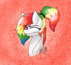 Size: 1543x1419 | Tagged: safe, artist:melonseed11, derpibooru import, oc, earth pony, pony, abstract background, bust, female, mare, one eye closed, ponytail, rainbow hair, signature, solo, wink