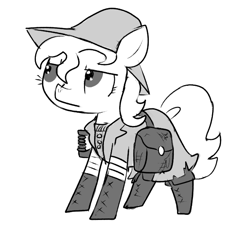 Size: 640x600 | Tagged: safe, artist:ficficponyfic, derpibooru import, annoyed, bag, cyoa, cyoa:the wizard of logic tower, hat, leg wraps, monochrome, shovel, stitches, story included