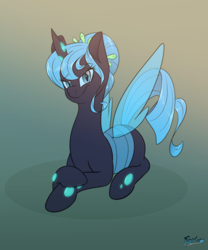 Size: 2500x3000 | Tagged: safe, artist:fluffyxai, derpibooru import, oc, oc only, oc:queen polistae, changeling, changeling queen, abstract background, bedroom eyes, blue changeling, calm, changeling oc, changeling queen oc, curly tail, female, forelegs crossed, gradient background, hair bun, looking at you, prone, sitting, smiling, smirk, solo