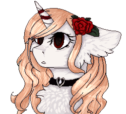 Size: 256x232 | Tagged: safe, artist:czywko, derpibooru import, oc, oc only, unicorn, animated, blinking, bust, choker, commission, female, flower, flower in hair, gif, mare, pink hair, pixel art, portrait, red eyes, rose, simple background, solo, transparent background