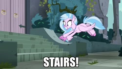 Size: 1920x1080 | Tagged: safe, derpibooru import, edit, edited screencap, screencap, silverstream, classical hippogriff, hippogriff, school daze, castle of the royal pony sisters, cute, diastreamies, excited, jewelry, necklace, pointing, stairs, that hippogriff sure does love stairs