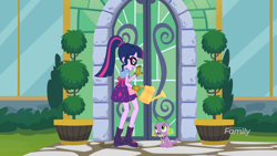 Size: 2208x1242 | Tagged: safe, derpibooru import, screencap, sci-twi, spike, spike the regular dog, twilight sparkle, dog, better together, equestria girls, my little shop of horrors, apron, boots, celestia's house, clothes, glasses, gloves, lidded eyes, plant, ponytail, raised leg, shoes, skirt, watering can