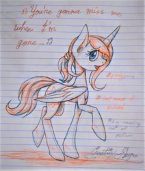 Size: 800x942 | Tagged: safe, artist:creatrix-shyra, derpibooru import, oc, oc only, alicorn, alicorn oc, anna kendrick, beca mitchell, cup song, lined paper, pitch perfect (movie), solo, song reference, the cup song, traditional art