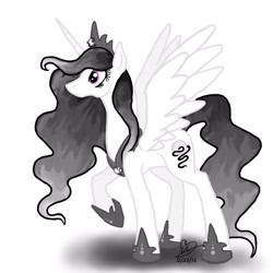 Size: 1250x1250 | Tagged: safe, derpibooru import, oc, oc:princess yin, alicorn, armor, black and white, concept art, crown, flowy mane, grayscale, horn, horse shoes, jewelry, monochrome, necklace, princess, regalia, ruler, wings, yin, yin-yang