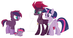 Size: 900x470 | Tagged: safe, artist:pebbles8894, derpibooru import, tempest shadow, twilight sparkle, twilight sparkle (alicorn), oc, oc:moonquake, oc:stardust, alicorn, pony, unicorn, my little pony: the movie, broken horn, eye scar, female, lesbian, magical lesbian spawn, mare, offspring, parent:tempest shadow, parent:twilight sparkle, parents:tempestlight, scar, shipping, simple background, tempestlight, watermark