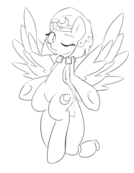 Size: 930x1200 | Tagged: safe, artist:akainu_pony, derpibooru import, somnambula, pegasus, pony, black and white, female, grayscale, headdress, jewelry, mare, monochrome, necklace, one eye closed, solo, spread wings, standing, wings, wink