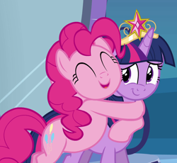 Size: 1172x1080 | Tagged: safe, derpibooru import, screencap, pinkie pie, twilight sparkle, twilight sparkle (alicorn), alicorn, pony, equestria girls, equestria girls (movie), big crown thingy, duo, happy, hug, jewelry, regalia