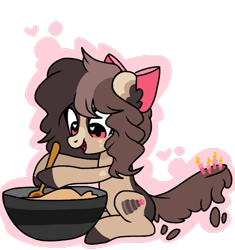 Size: 640x680 | Tagged: safe, artist:chococakebabe, derpibooru import, oc, oc only, oc:choco cake delight, earth pony, pony, augmented tail, batter, female, food, heart eyes, mare, simple background, sitting, solo, transparent background, wingding eyes