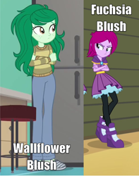 Size: 1166x1482 | Tagged: safe, derpibooru import, fuchsia blush, wallflower blush, better together, equestria girls, forgotten friendship, duo, duo female, female, headcanon, meme, possible relation