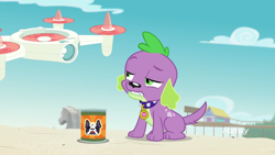 Size: 1920x1080 | Tagged: safe, derpibooru import, screencap, spike, spike the regular dog, dog, better together, equestria girls, forgotten friendship, dog food, rock horse, selfie drone, spike is not amused, spike's dog collar, unamused