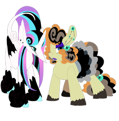 Size: 1076x1088 | Tagged: safe, artist:goatpaste, derpibooru import, princess flurry heart, pumpkin cake, alicorn, pony, unicorn, clothes, emo, female, lesbian, makeup, mare, princess emo heart, pumpkin heart, shipping, simple background, transparent background, unshorn fetlocks