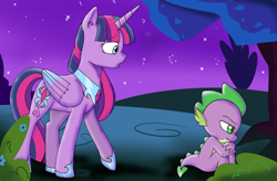 Size: 1914x1258 | Tagged: safe, artist:emositecc, artist:riukime, derpibooru import, spike, twilight sparkle, twilight sparkle (alicorn), alicorn, dragon, pony, alternate cutie mark, alternate eye color, alternate universe, female, night, tree