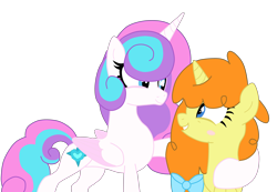 Size: 4704x3249 | Tagged: safe, artist:kannayui, derpibooru import, princess flurry heart, pumpkin cake, alicorn, pony, unicorn, blush sticker, blushing, female, lesbian, looking at each other, mare, pumpkin heart, shipping, simple background, smiling, transparent background