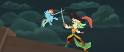 Size: 1920x804 | Tagged: safe, derpibooru import, screencap, captain celaeno, rainbow dash, anthro, parrot, pegasus, pony, my little pony: the movie, amputee, anthro with ponies, feather, feminism, gem, hat, heroic, jewel, mouth hold, parrot pirates, peg leg, pirate, pirate hat, pirate rainbow dash, prosthetic leg, prosthetic limb, prosthetics, saber, sword, sword fight, time to be awesome, tomboy, tricorne, weapon