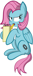 Size: 960x2181 | Tagged: safe, artist:miroslav46, derpibooru import, oc, oc only, oc:jewel, pegasus, pony, annoyed, female, notepad, pencil, simple background, sitting, solo, transparent background