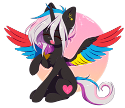 Size: 1308x1123 | Tagged: safe, artist:lnspira, derpibooru import, oc, oc:flaming rainbow, alicorn, chibi, colored wings, female, happy, mare, multicolored wings, simple background, sitting, solo, spread wings, transparent background, wings