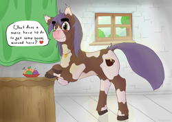 Size: 1250x889 | Tagged: safe, artist:fuzzypones, derpibooru import, oc, oc only, oc:vanillacream cocoa, blushing, colored, crossed arms, female, jewelry, pendant, solo, speech bubble, window